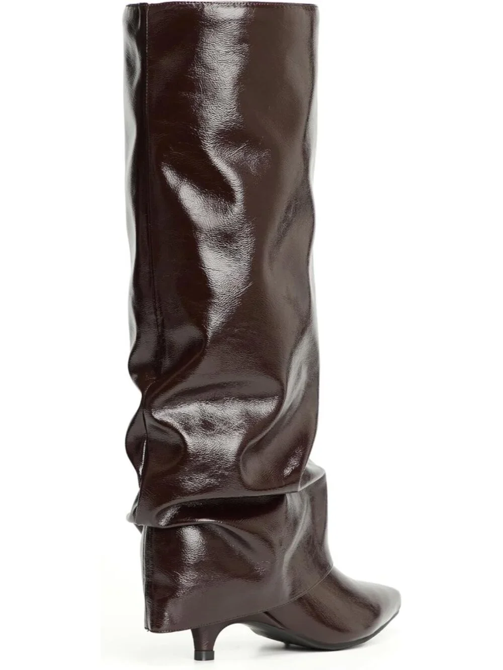 Women Brown Leather Pointed-Toe Fold Over Wide Calf Low Kitten Knee-High Boot